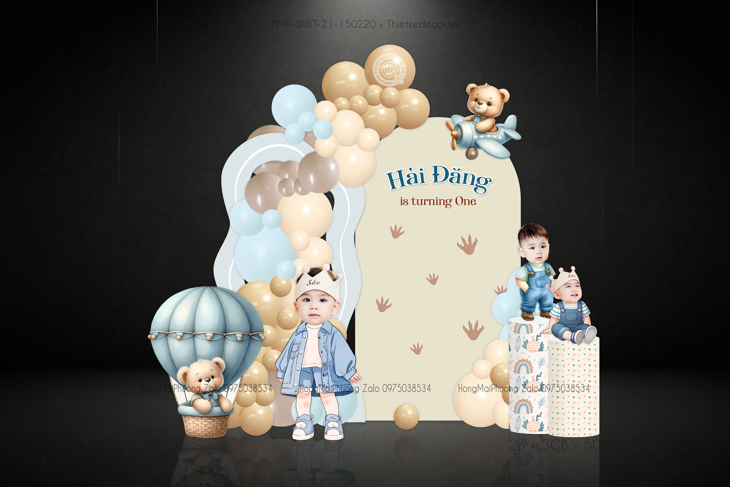 Sinh nhật bé trai chủ đề gấu xanh tone xanh - beige kèm chibi và quấn bục